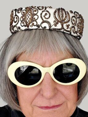 Elegant Vintage White Satin Caplet Hat with Gold Beadwork